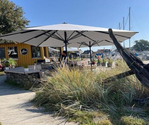 Zwei asymetrische Gastroschirme überspannen eine Gastronomie-Außenfläche am Hafen in Niendorf an der Ostsee