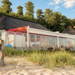 Rotes Pergoladach überspannt eine Außengastronomie an der Küste in Scharbeutz - Zschimmer Projekt